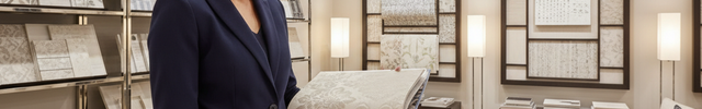 generate-an-image-showing-a-professional-sales-person-ina-nice-looking-interior-design-store-looking through a -catalogue-of-wallpapers and samples