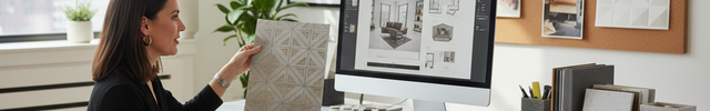 use an image of an interior designer creating a project for client, (samples or on the computer) and using wallcovering sample